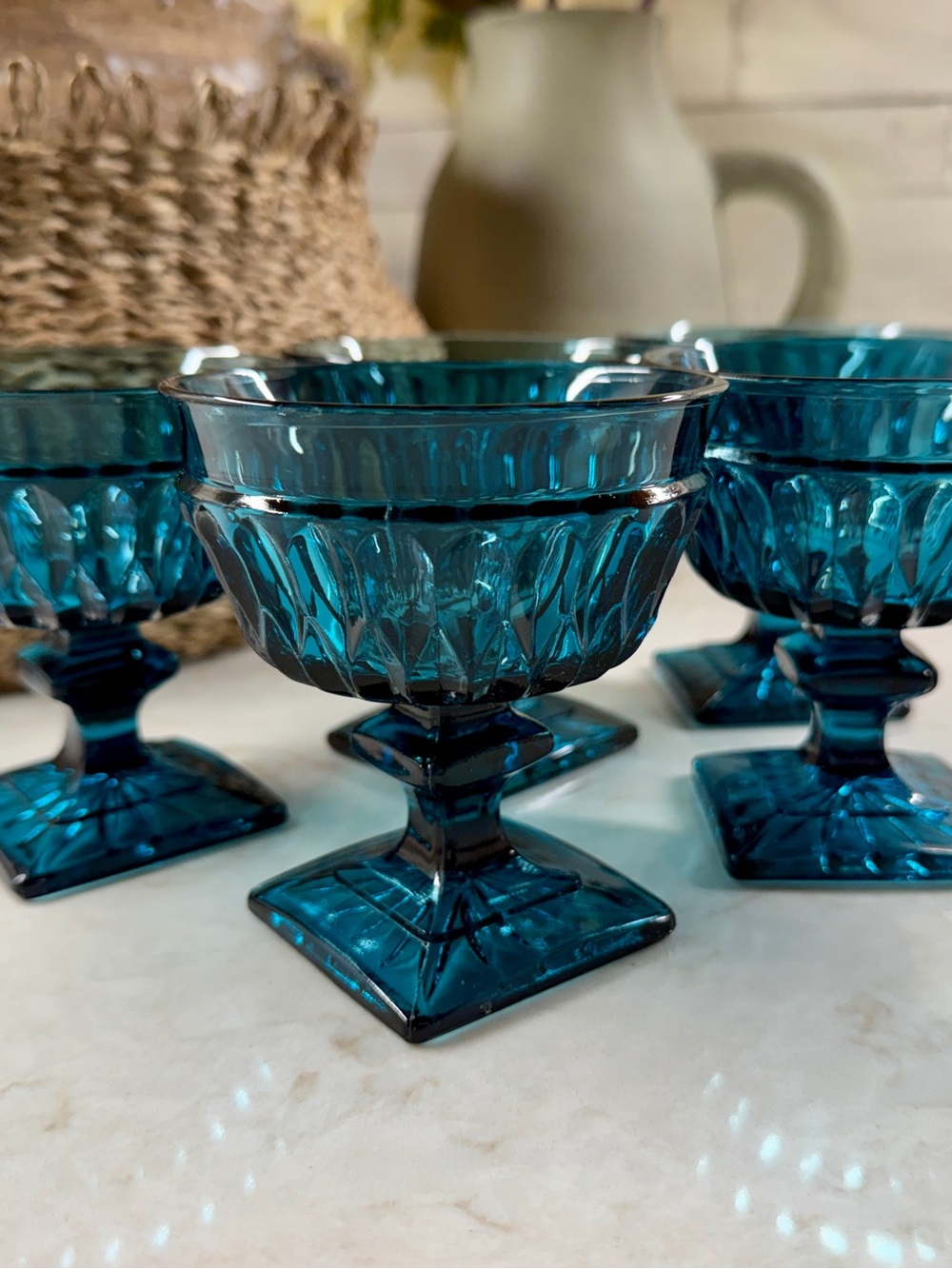 VINTAGE INDIANA GLASS,SET/5,MT. VERNON BLUE COLLECTION CHAMPAGNE/SHERBET GLASSES